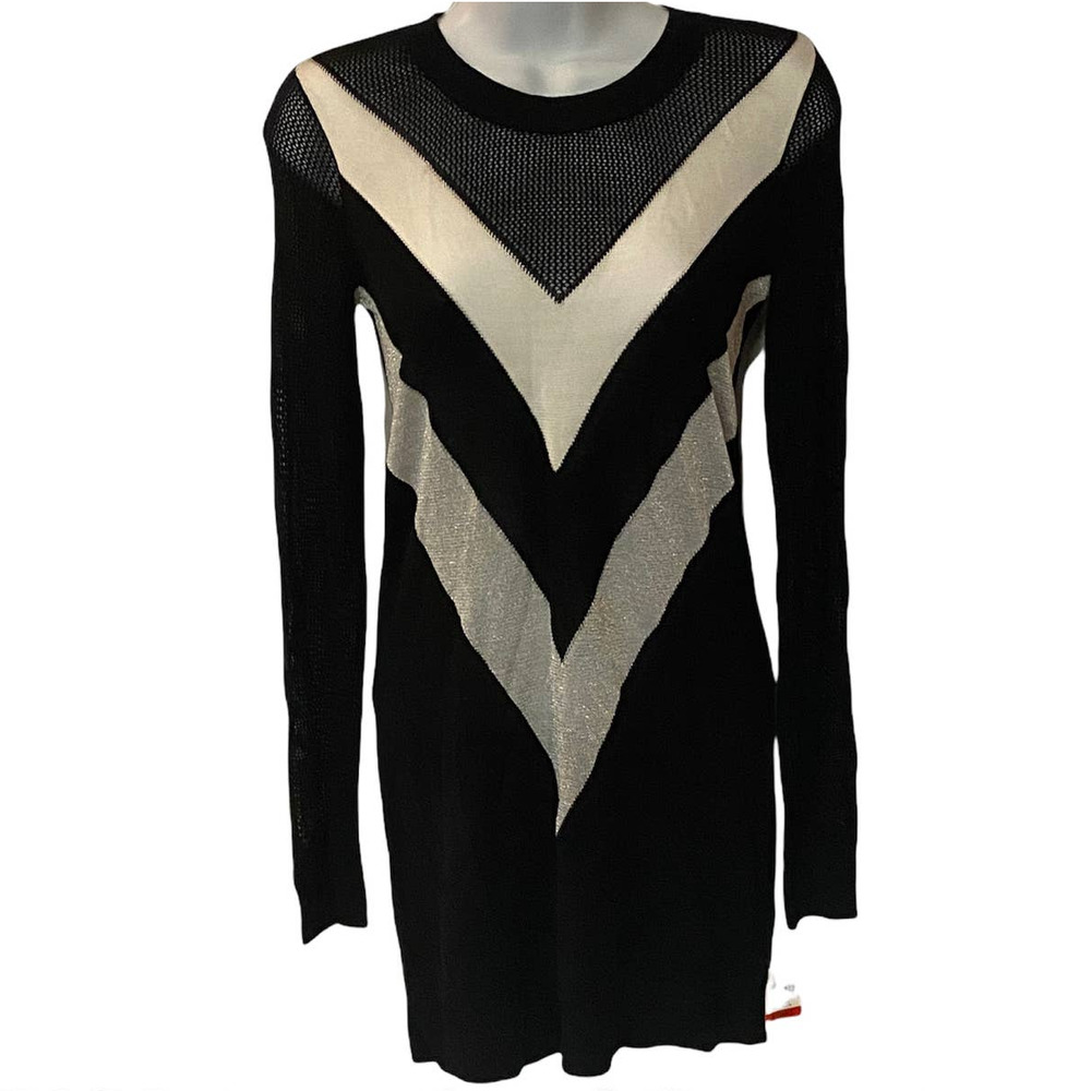 INC Fishnet Sleeve Tunic Silver Off-White Chevron Black Light Sweater Knit Top